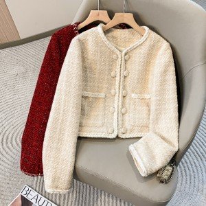 실사 이중 버튼 트위드 짜임 광택 실 쇼트 스타일 작은 샤넬 스타일 재킷 맨위