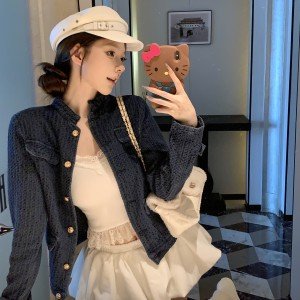 실사 정가 인기도 왕 오래된 돈 조정 바람 작은 대중 레트로 데님 샤오시엔 재킷 쇼트 스타일 스탠드 칼라 재킷