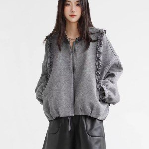 2025 가을 겨울 작은 대중 디자인 센스 레이스 측면 라운드 넥 여성 코트 가을 루즈핏 캐주얼 다용도 재킷 맨위