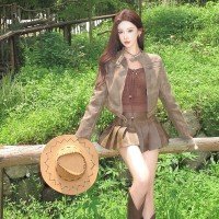 신강 여행 아름다움 라드. 브라운 pu 가죽 재킷 몸매 가꾸기 쇼트 스타일 슬림해 보이는 마 오래된 레트로 오토바이 서비스 미니 스커트 가죽 스커트