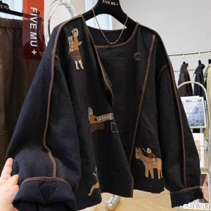 가을 의상 새로운 고급 아마 무거운 작업 자수 라운드 넥 쇼트 스타일 재킷 자이언트 잘 생긴 ~ 중 루즈핏 캐주얼 재킷 맨위