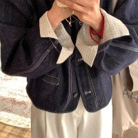 작은 남자 2025 봄 새로운 한 부서 레트로 카우보이 여성 코트 짧은 단락 스티칭 래티스 커프스 옷깃 맨위