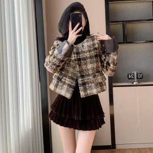 레트로 프랑스식 부유 한 가족 천 골드 모직 짧은 여성 코트 가을 겨울 Chic 디자인 센스 슈퍼 잘 생긴 체크무늬 모직 맨위