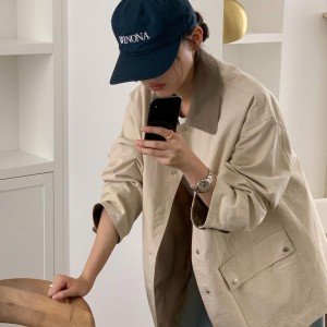 있음 선적 한국 동대문 레트로 배색 폴로 칼라 짧은 여성 코트 가을 새로운 루즈핏 쇼트 스타일 바람막이