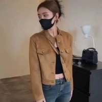 레트로 항구 바람 디자인 작은 남자 스탠딩 칼라 스웨이드 기관차 자켓 짧은 코트 맨위 여자 2024 이른 가을 새로운