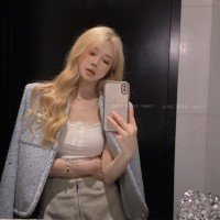 가을과 겨울 금 버클 작은 향기 빙하 블루 트위드 짧은 단락 세트 염색 제직 외투