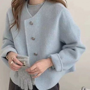 2025 양면 코트 여성 짧은 품격 한국 스타일 라운드 넥 모직 외투