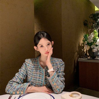 맞춤 원단 수공 리본 공작 블루 쇼트 스타일 어깨 패드 여성 코트