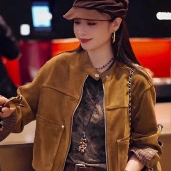 2025 가을 스탠드 칼라 쇼트 스타일 스웨이드 원단 여성 코트 루즈핏 재킷