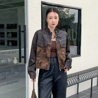 스탠드 칼라 배색가죽 카모플라주 사슴 캐시미어 여성 코트 2025