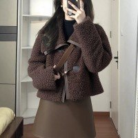 양모 여성 코트 겨울 보온 빅 칼라 루즈핏 슬림해 보이는 스웨이드 원단 플러시 짧은 외투