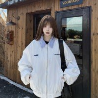 아메리칸 페이크 레이어드 스트라이프 패치워크 폴로 칼라 야구 유니폼 여성 코트