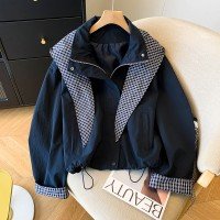 체크무늬 패치워크 재킷 2025 새로운 레트로 모자 칼라 재킷 여성 가을 캐주얼