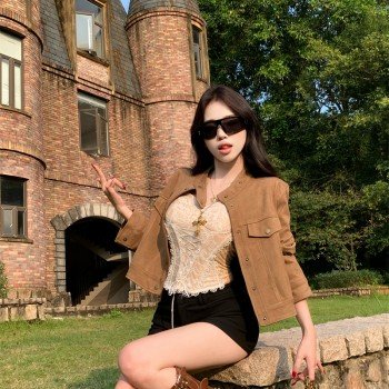 커피 색상 스웨이드 원단 워크웨어 여성 코트 몸매 가꾸기 작은 키 고급 센스 재킷