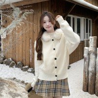 2025 모피 리더쉽 단추 니트 오픈 가디건 3 차원 트위스트 꽃 쇼트 스타일 여성 코트