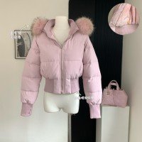 리얼 모피 칼라 플러시 내피 허리 수축 다운 재킷