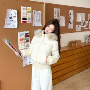 후드 양모 허리 수축 다운 외투