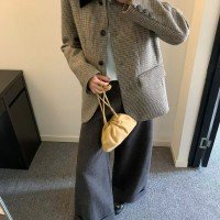 한국 레트로 배색 벨벳 폴로 칼라 패치워크 하운드투스 체크 양모 다운 재킷