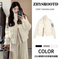 화이트 구스다운 니트 패딩 여성 짧은 니트 패치워크 스탠드 카라