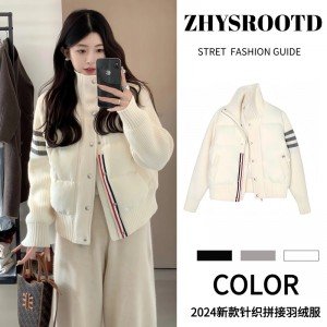 화이트 구스다운 니트 패딩 여성 짧은 니트 패치워크 스탠드 카라