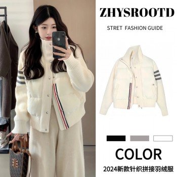 화이트 구스다운 니트 패딩 여성 짧은 니트 패치워크 스탠드 카라