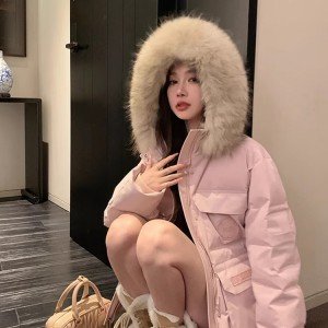 핑크색 구스다운 90% 패딩 재킷 보온 하프사이즈 모피 카라 후드 루즈핏 재킷