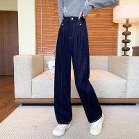 니트 청바지 하이웨이스트 루즈핏 스트레이트 팬츠 여성 청바지