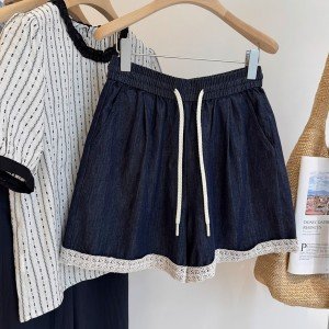 레이스 데님 반바지 여성 허리밴드 루즈핏 슬림해 보이는 와이드 레그 팬츠