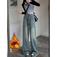 기모 레트로 마 청바지 여성 하이웨이스트 루즈핏 와이드 레그 팬츠 스트레이트 팬츠 롱 바지