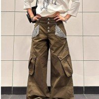 빅 포켓 레오파드 무늬 패치워크 청바지 남녀 캐주얼 루즈핏 바지