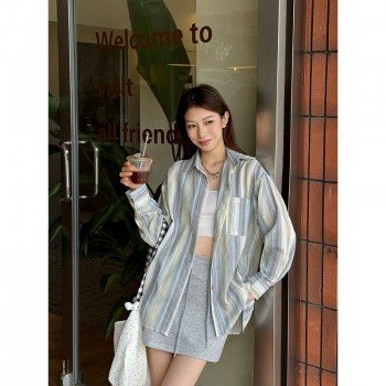 2026 년 봄 한 부서 긴팔 오픈 가디건 쉬폰 셔츠 여자 학생 세로 줄무늬 셔츠 중간 길이 빅 사이즈 재킷