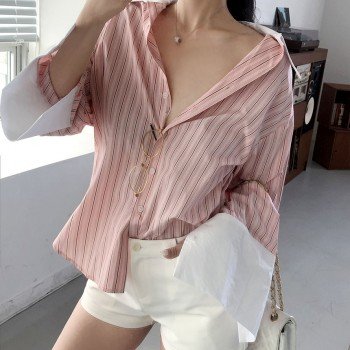 있음 선적 느긋한 캐주얼 바람 스트라이프 디자인 센스 배색 패치워크 폴로 칼라 루즈핏 다용도 긴팔 셔츠 삼색