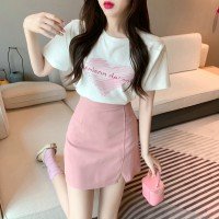 실제 촬영 정가 여름 새로운 정장 와일드 인쇄 티셔츠 사탕 색상 스플릿 높은 허리 짧은 스커트