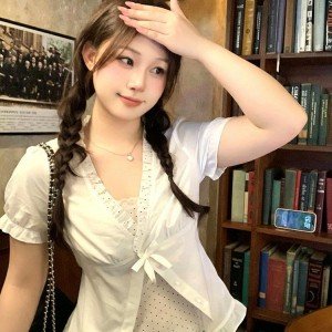 페이크 레이어드 도트 무늬 패치워크 프릴 나비 매듭 여성 셔츠 마이크로 지방 빅 사이즈 허리 수축 슬림해 보이는 작은 셔츠