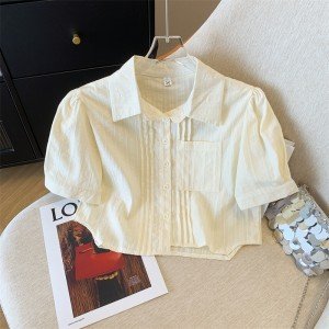 실사 작은 청신 불규칙 장기 Pleat 셔츠 여성용 짧은 소매 주름 디자인 센스 작은 대중 맨위