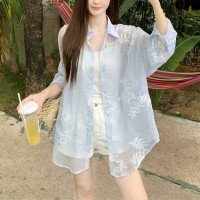 경관 그림 원본 원단 솜씨 자수 마이크로 ~을 통해 자외선 차단 긴팔 여성 셔츠 루즈핏 느긋한 바람 맨위 외부 가져 가라. 여성