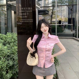 한 부서 꼬집기 허리 질감 센스 스트라이프 주머니 셔츠 긍정적 인 어깨 반팔 만나는 몸매 가꾸기 슬림해 보이는 품격 맨위 여성 작은 셔츠