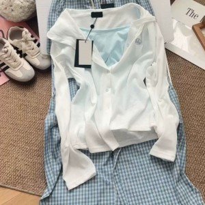 면 페이크 레이어드 오픈 가디건 여성 여름 디자인 자외선 차단 후드