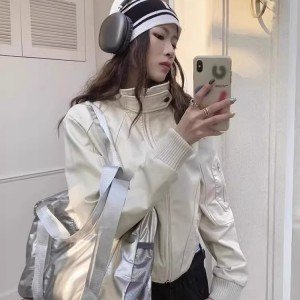 아메리칸 레트로 화이트 pu 가죽 재킷 쇼트 스타일