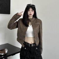 레트로 카라 여성 자켓 빈티지 숏 가죽 의류 자켓
