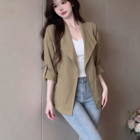 레트로 슬림 센스 짧은 여성 코트 빅 칼라 버클 쇼트 스타일 바람막이 수트 자켓