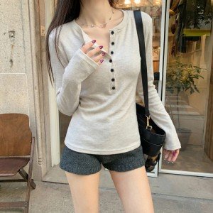 실사 280 그램 양 플러시 원본 헨리 칼라 털이 있는 긴팔 티셔츠 기본 셔츠 여성 인사이드 잡아라. 의류