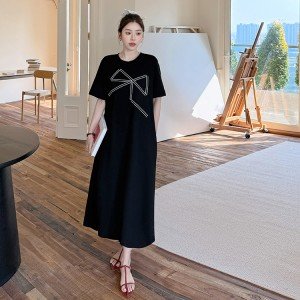 2026 A 슬림형 리본 자수 반팔 원피스 L-3XL