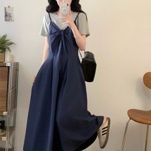 순면 슬립 드레스 + 라운드 넥 티셔츠 여성 세트 L-4XL