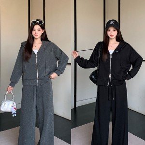 슬림연출 후드 스웨터 카디건 + 스트레이트 와이드 팬츠 세트 L-4XL