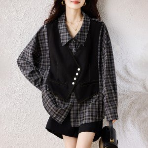 페이크 레이어드 패치워크 루즈핏 슬림바디 연출 셔츠 L-5XL