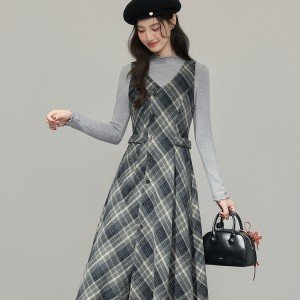 체크무늬 허리 조임 슬림바디연출 원피스 S-XL