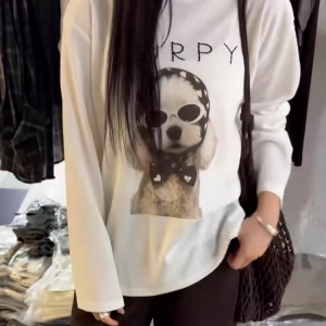 2026 가을 강아지 프린트 긴팔 티셔츠 S-3XL