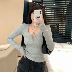 라운드 넥 단추 순면 여성 티셔츠 S~XL