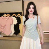 빅 사이즈 여성 의류 허리 수축 반팔 티셔츠 M~4XL